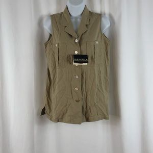 Objects Gold textured Silk button front collared sleeveless shirt pockets NWT S